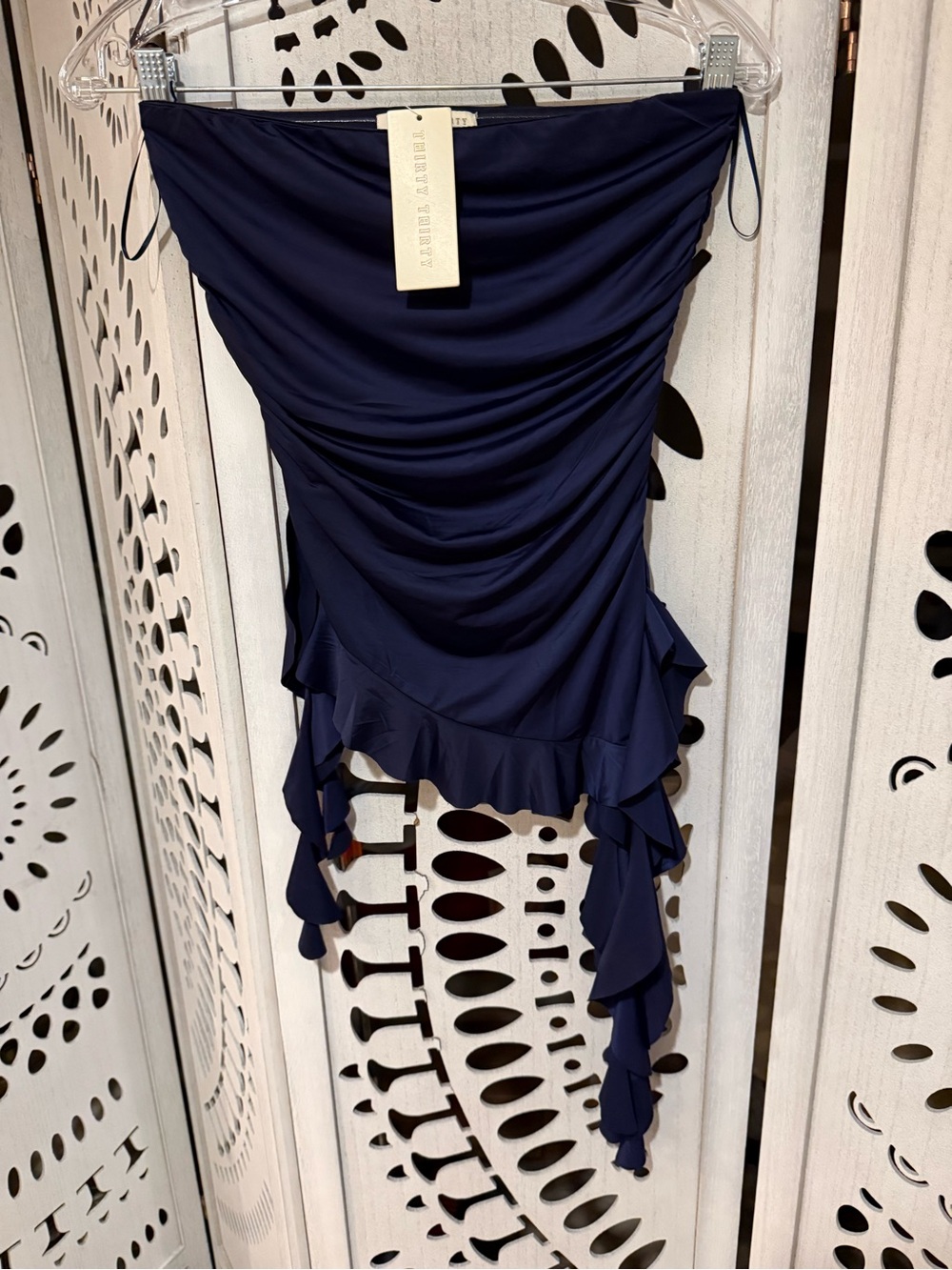 Ruched Ruffle Navy Asymmetrical Strapless  - new